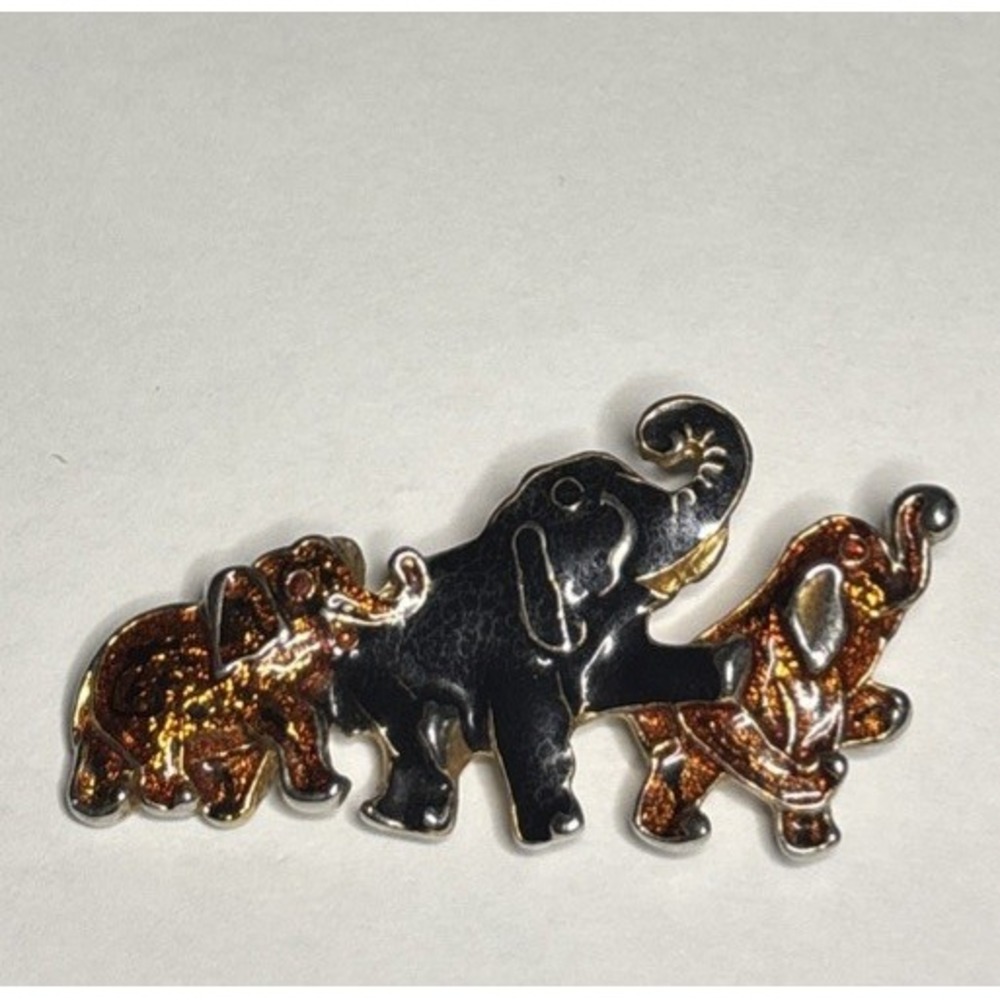 Vintage Elephant Family Brooch Black Orange Enamel Gold Tone Trunks Up